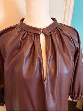 Burgundy Zara Faux Leather Keyhole Top with Button Neck